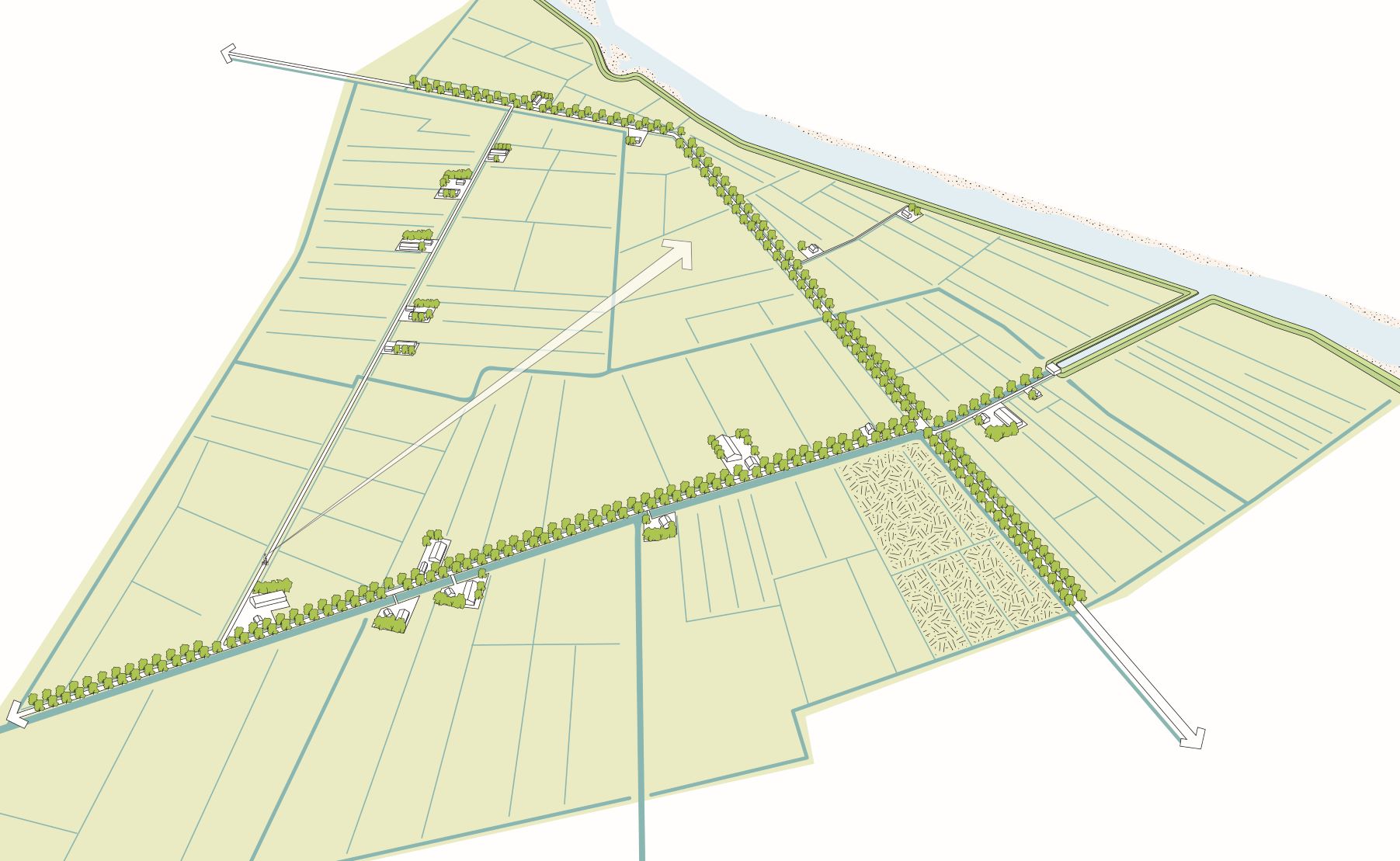 Illustratie van een landschap waarin het open karakter is behouden, dus weinig hoger opgaande teelten